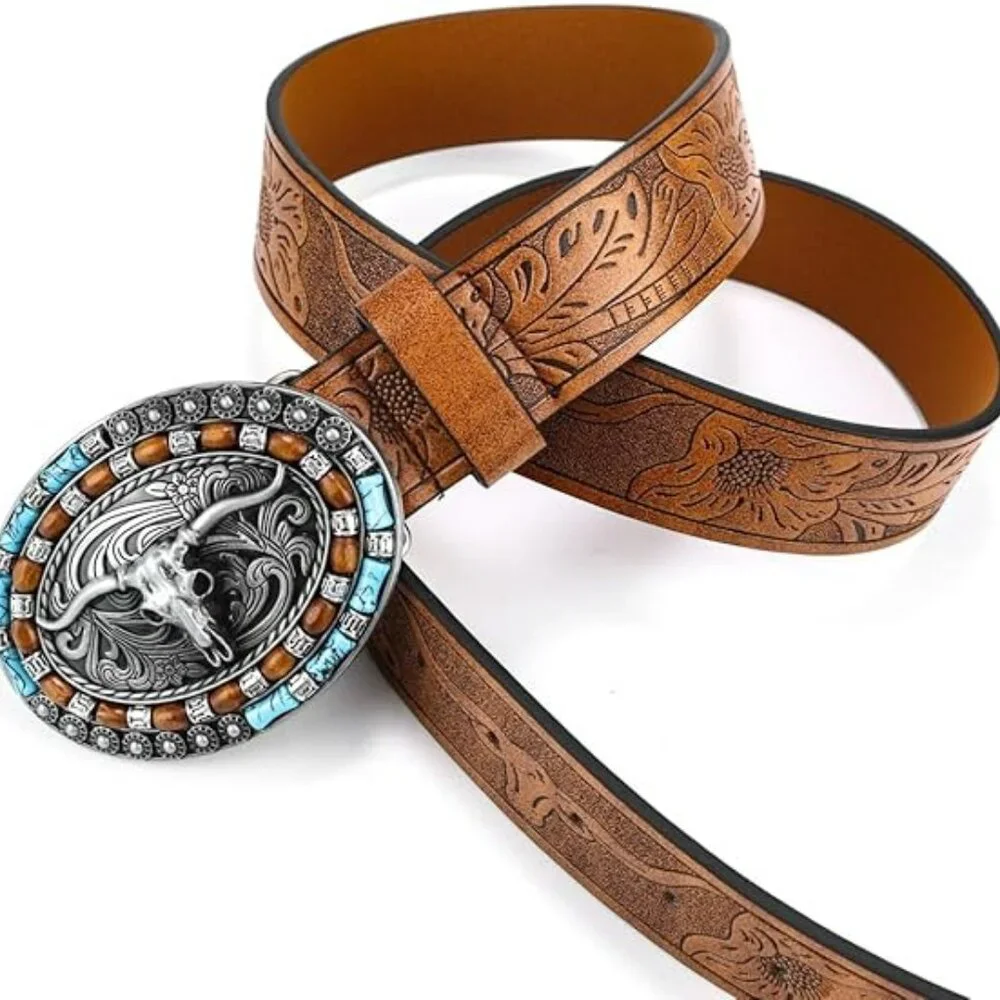 Women Western Cowgirl Belt Bull Turquoise Embossed Buckle for 31